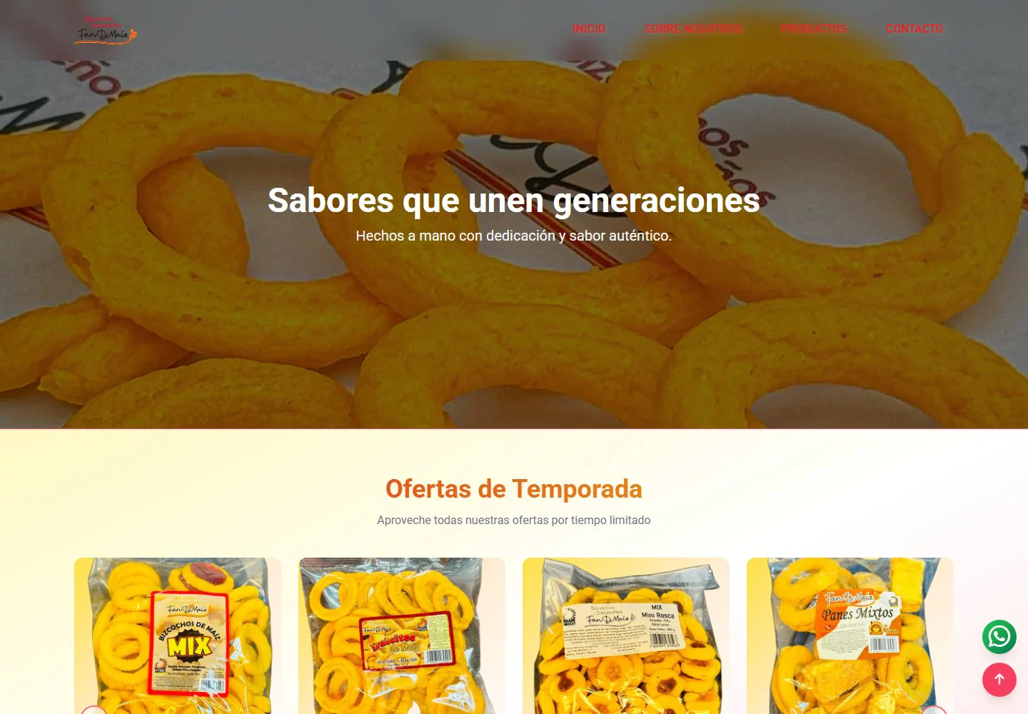 Página principal de la panadería Fan de Maíz