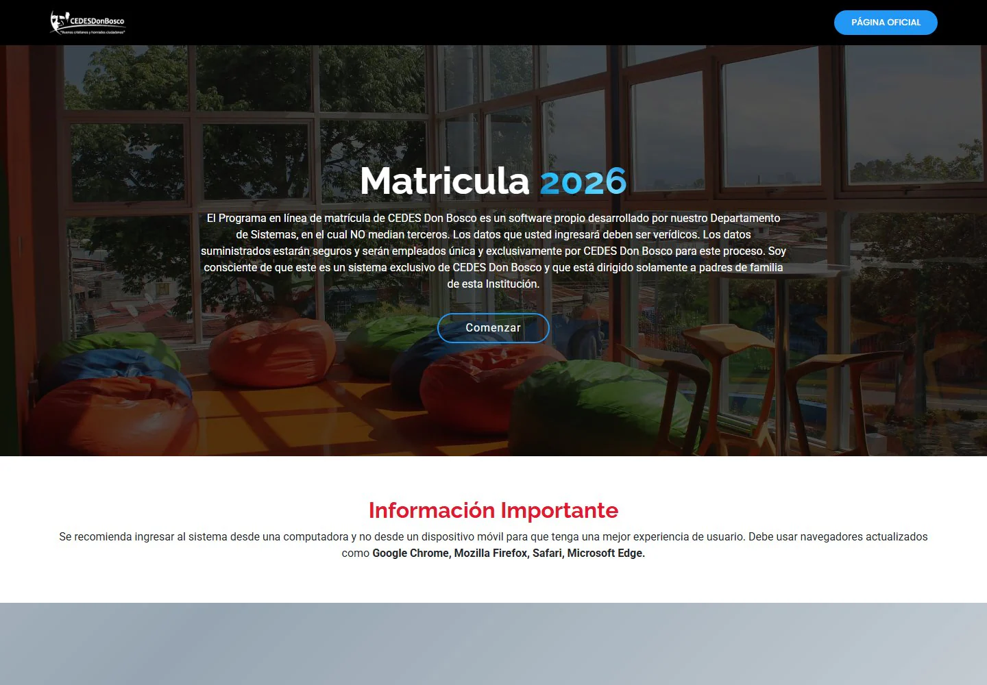 Página pública de matrícula de CEDES Don Bosco